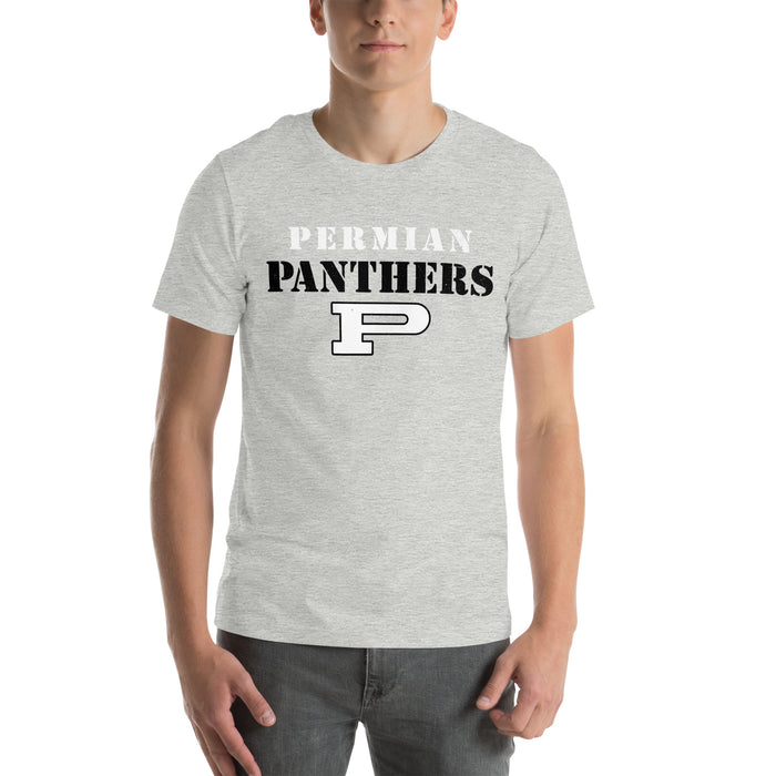 Man wearing Permian High School Panthers Grey Premium Unisex T-shirt 221