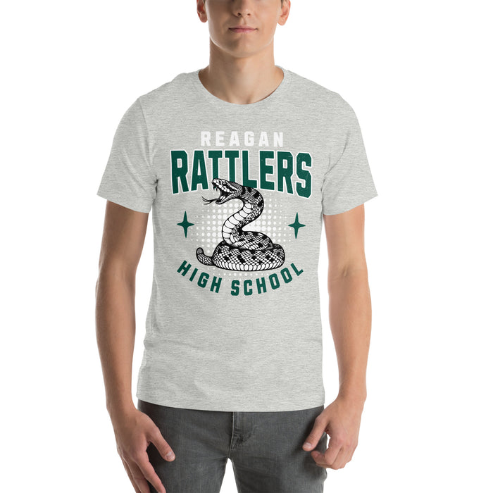 Man wearing Reagan High School Rattlers Grey Premium Unisex T-shirt 204