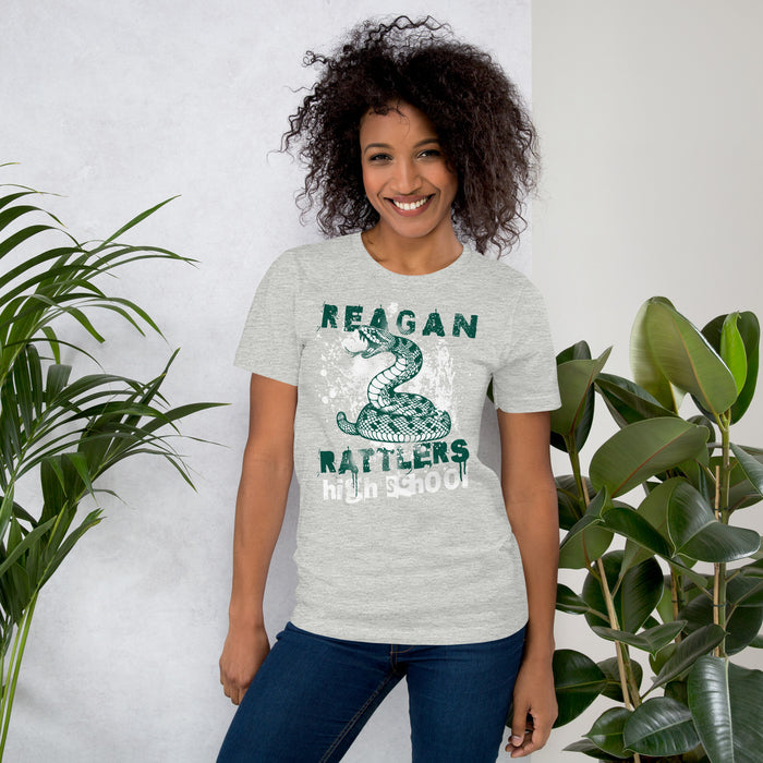 Woman wearing Reagan High School Rattlers Grey Premium Unisex T-shirt 205