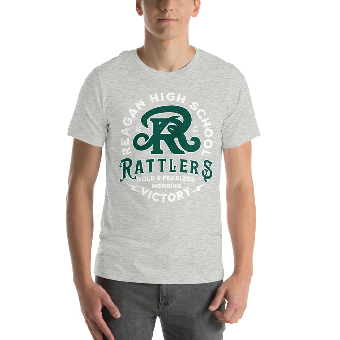 Man wearing Reagan High School Rattlers Grey Premium Unisex T-shirt 206