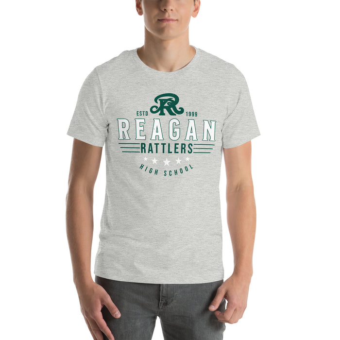 Man wearing Reagan High School Rattlers Grey Premium Unisex T-shirt 217