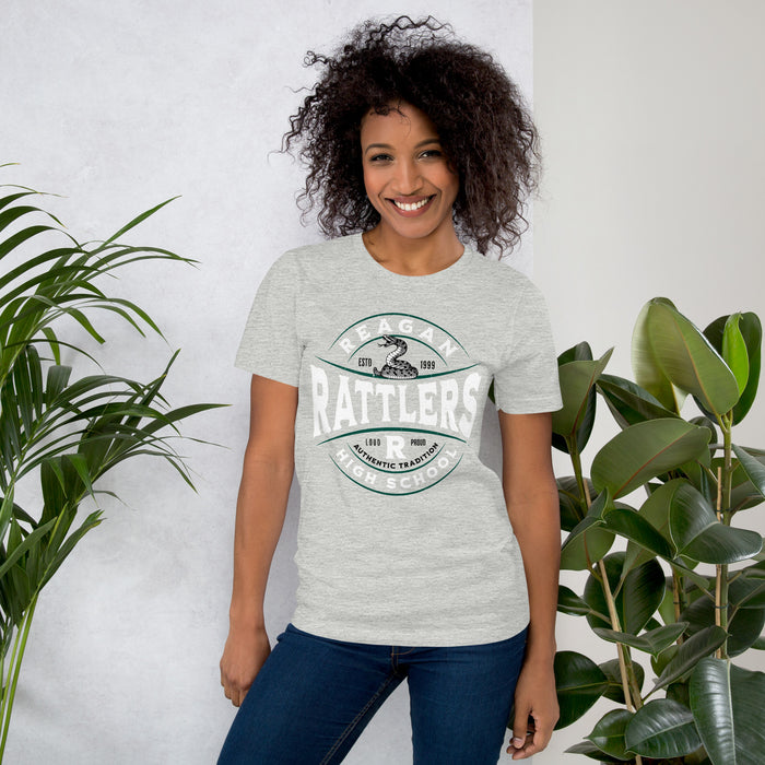 Woman wearing Reagan High School Rattlers Grey Premium Unisex T-shirt 218