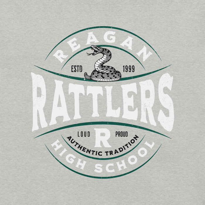 Close-up view of Reagan High School Rattlers Grey Premium Unisex T-shirt 218