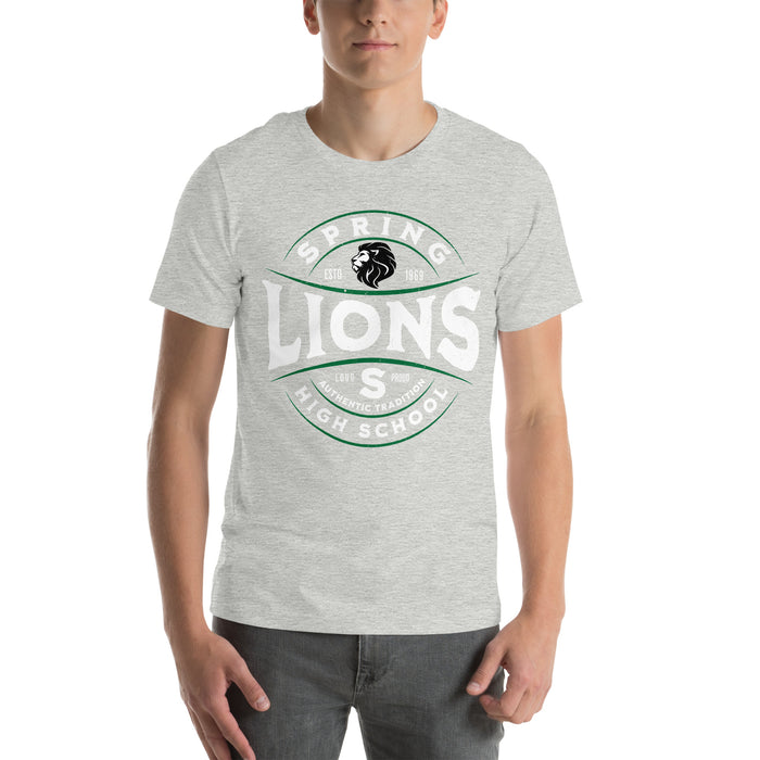 Man wearing Spring High School Lions Grey Premium Unisex T-shirt 218