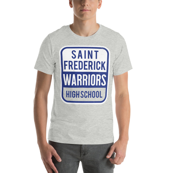 Man wearing St. Frederick High School Warriors Grey Premium Unisex T-shirt 024