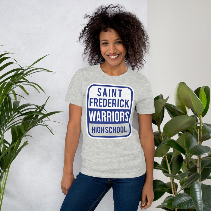 Woman wearing St. Frederick High School Warriors Grey Premium Unisex T-shirt 024