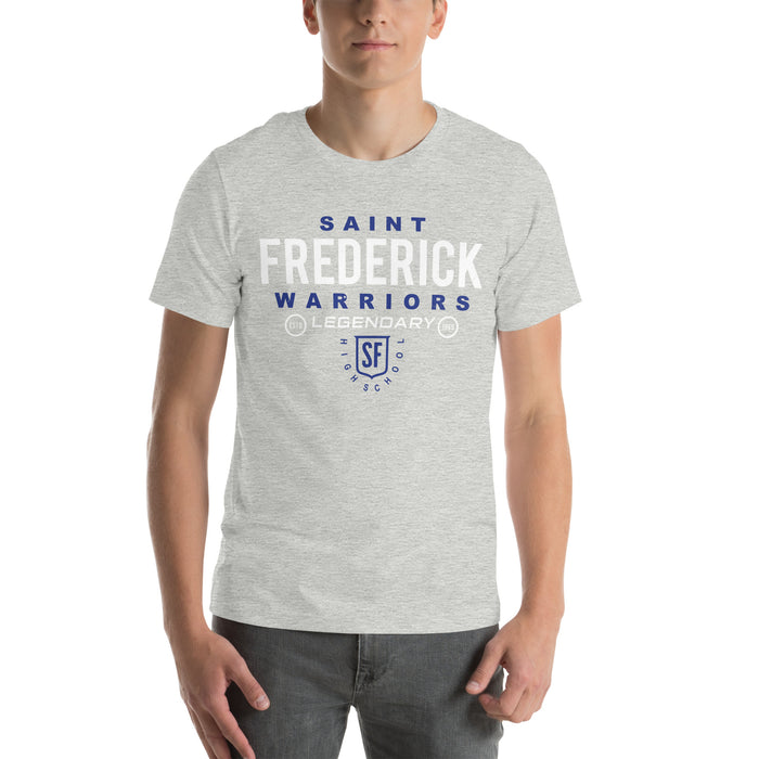 Man wearing St. Frederick High School Warriors Grey Premium Unisex T-shirt 003