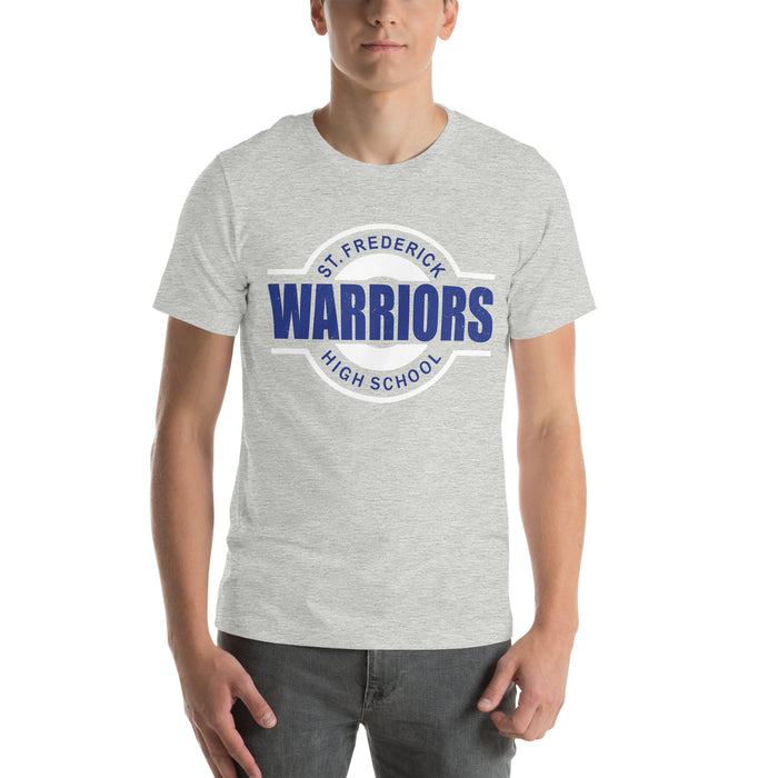 Man wearing St. Frederick High School Warriors Grey Premium Unisex T-shirt 011