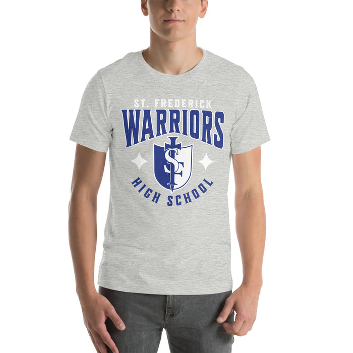 Man wearing St. Frederick High School Warriors Grey Premium Unisex T-shirt 213