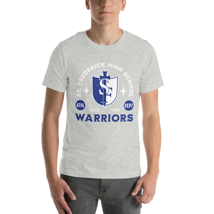 Man wearing St. Frederick High School Warriors Grey Premium Unisex T-shirt 208