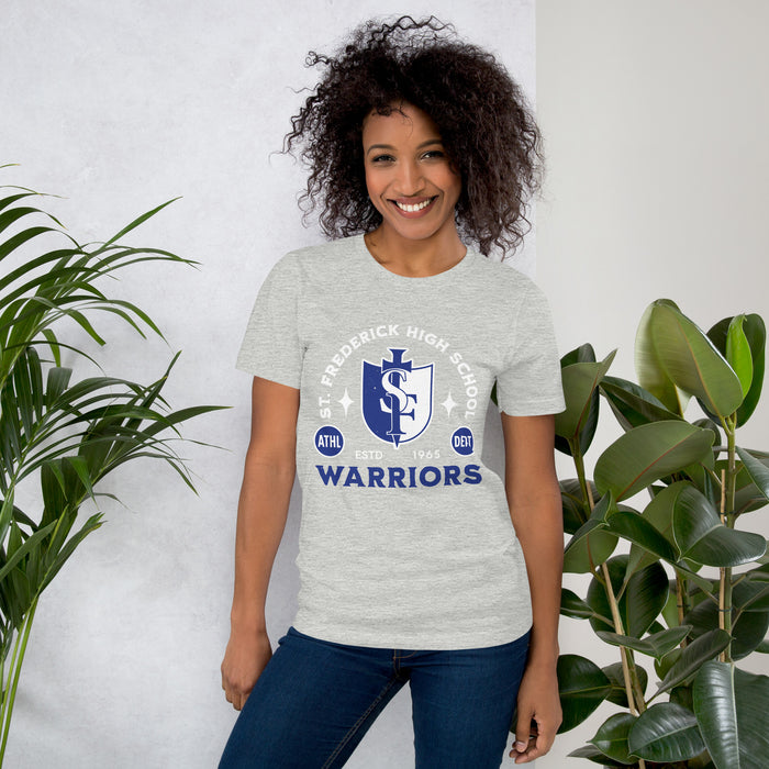 Woman wearing St. Frederick High School Warriors Grey Premium Unisex T-shirt 208