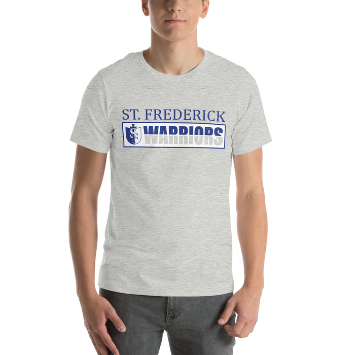 Man wearing St. Frederick High School Warriors Grey Premium Unisex T-shirt 031