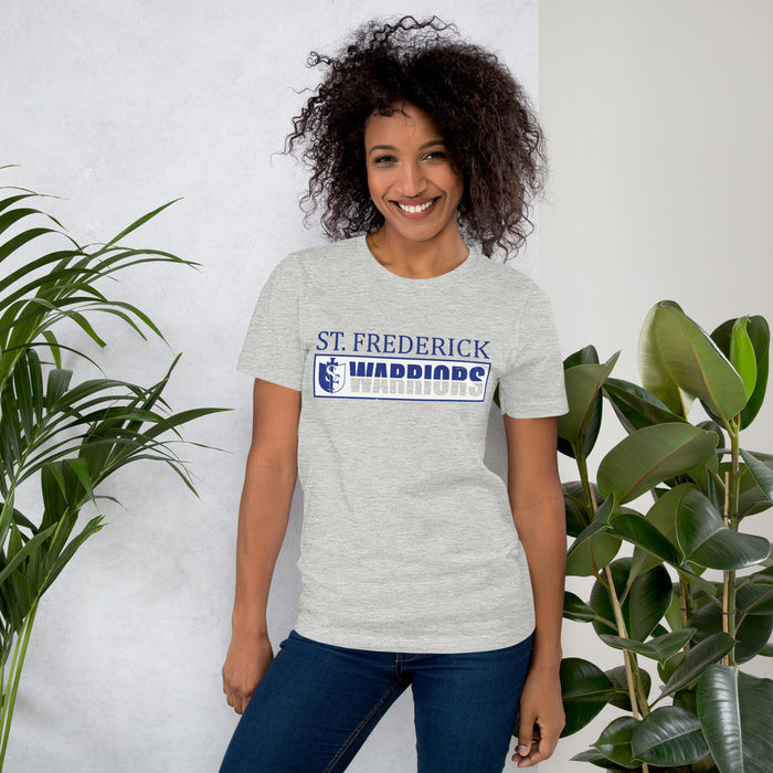 Woman wearing St. Frederick High School Warriors Grey Premium Unisex T-shirt 031