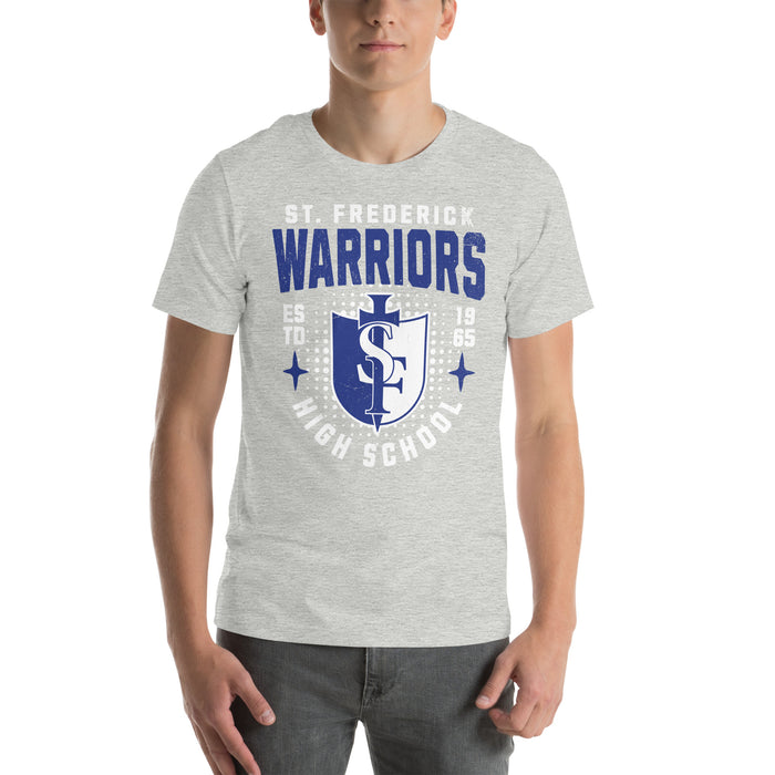 Man wearing St. Frederick High School Warriors Grey Premium Unisex T-shirt 204