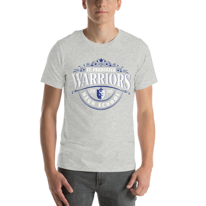 Man wearing St. Frederick High School Warriors Grey Premium Unisex T-shirt 211