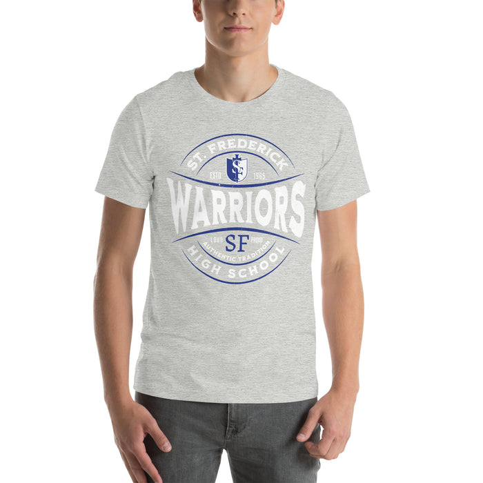 Student wearing St. Frederick High School Warriors Grey Premium Unisex T-shirt 218