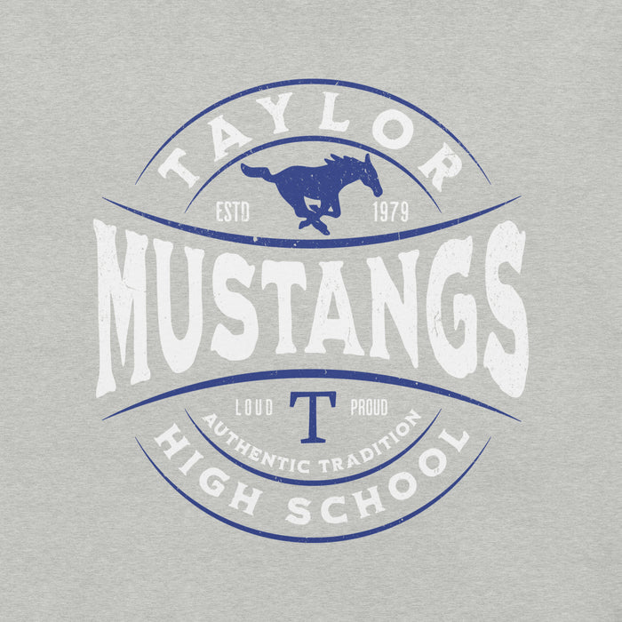 Close-up view of Taylor High School Mustangs Grey Premium Unisex T-shirt 218