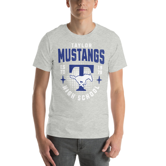 Man wearing Taylor High School Mustangs Grey Premium Unisex T-shirt 204