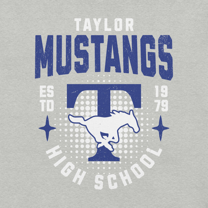 Close-up view of Taylor High School Mustangs Grey Premium Unisex T-shirt 204