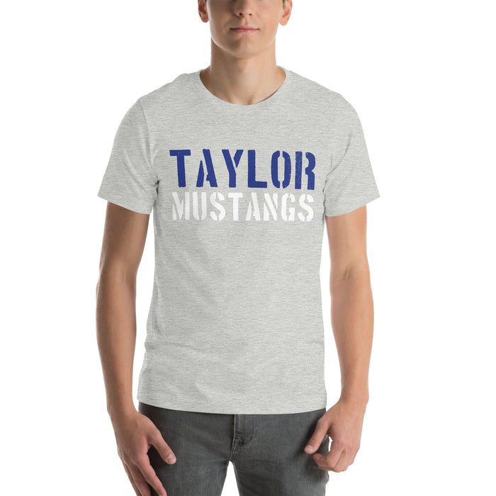 Man wearing Taylor High School Mustangs Grey Premium Unisex T-shirt 017