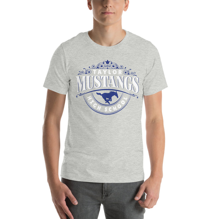 Man wearing Taylor High School Mustangs Grey Premium Unisex T-shirt 211