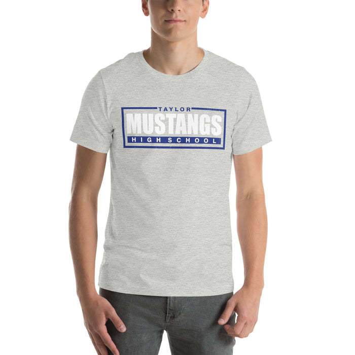 Man wearing Taylor High School Mustangs Grey Premium Unisex T-shirt 049