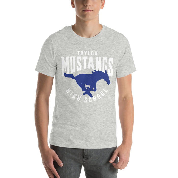 Man wearing Taylor High School Mustangs Grey Premium Unisex T-shirt 213