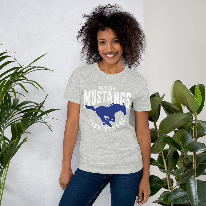 Woman wearing Taylor High School Mustangs Grey Premium Unisex T-shirt 213