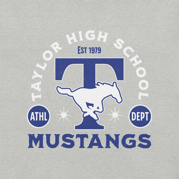 Close-up view of Taylor High School Mustangs Grey Premium Unisex T-shirt 208