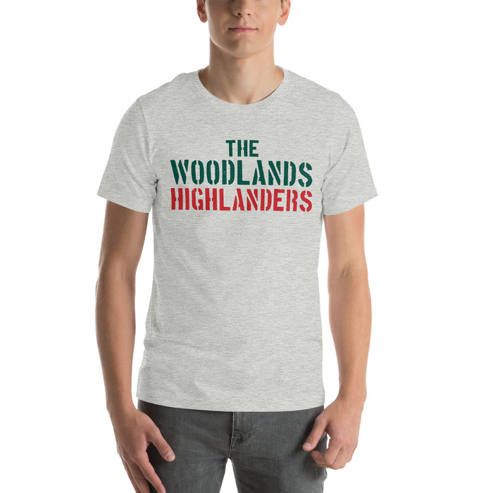 Man wearing The Woodlands High School Highlanders Athletic Heather Premium Unisex T-shirt 017