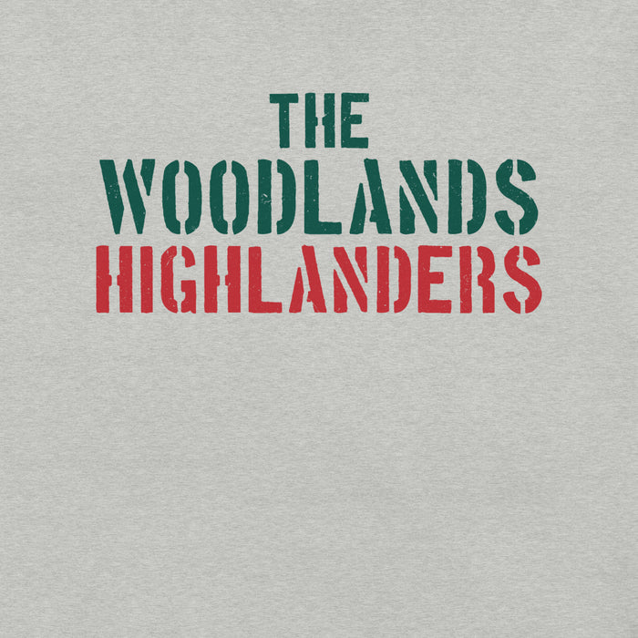 Close-up view of The Woodlands High School Highlanders Athletic Heather Premium Unisex T-shirt 017