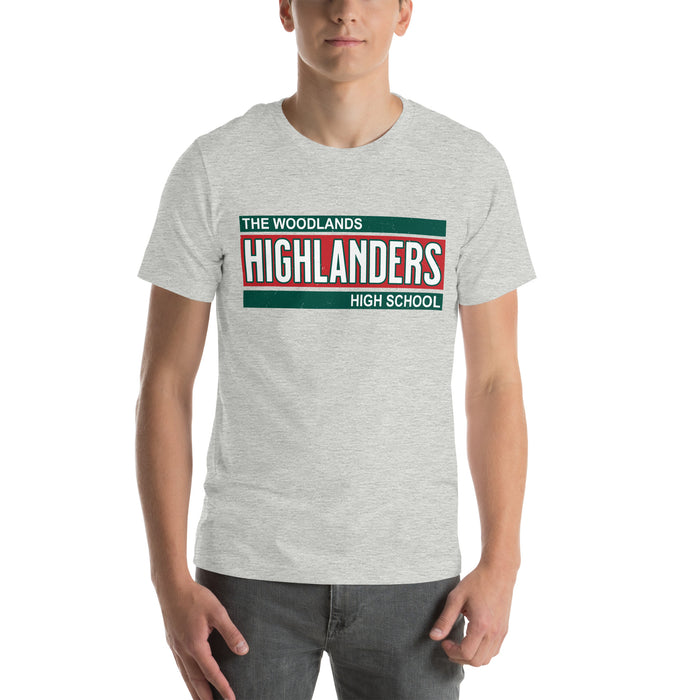 Man wearing The Woodlands High School Highlanders Athletic Heather Premium Unisex T-shirt 098