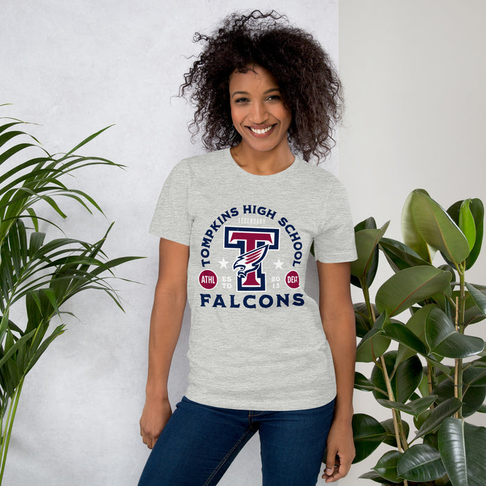 Woman wearing Tompkins High School Falcons Grey Premium Unisex T-shirt 208