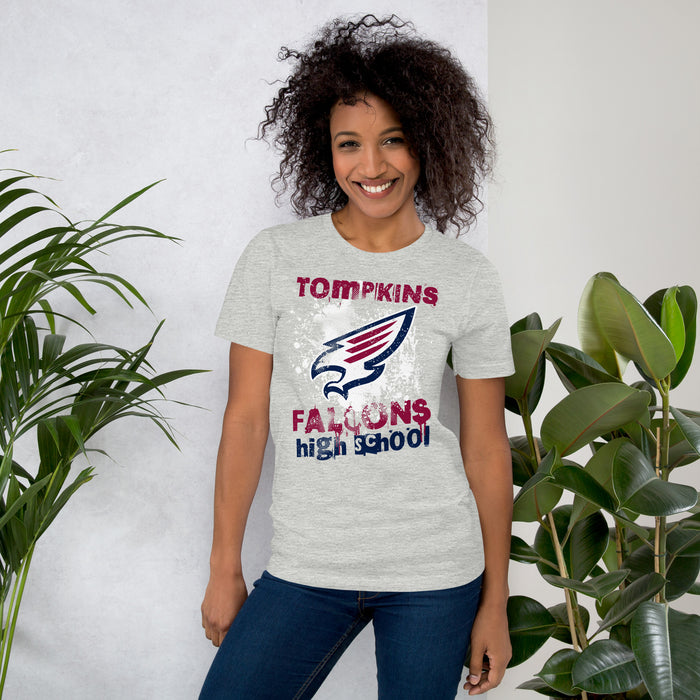 Woman wearing Tompkins High School Falcons Grey Premium Unisex T-shirt 205