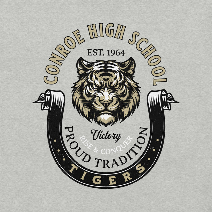 Close-up view of Conroe High School Tigers Athletic Heather Premium Unisex T-shirt 229
