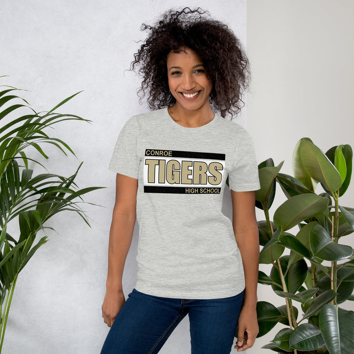 Woman wearing Conroe High School Tigers Athletic Heather Premium Unisex T-shirt 098