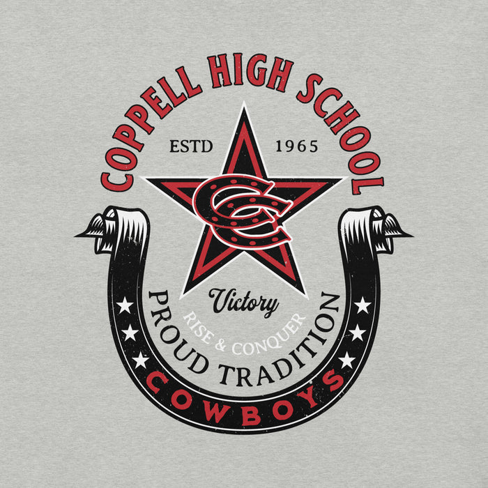 Close-up view of Coppell High School Cowboys Athletic Heather Grey Premium Unisex T-shirt 229