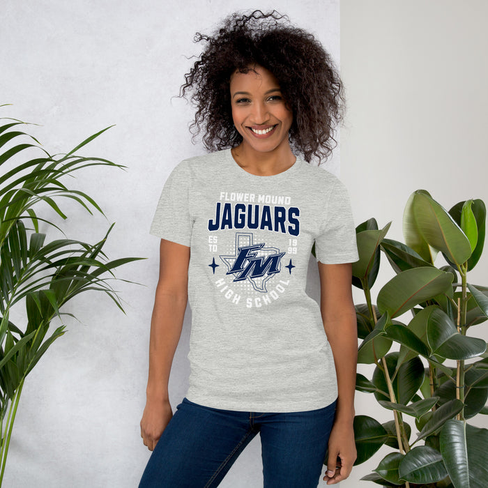 Woman wearing Flower Mound High School Jaguars Athletic Grey Premium T-shirt 204