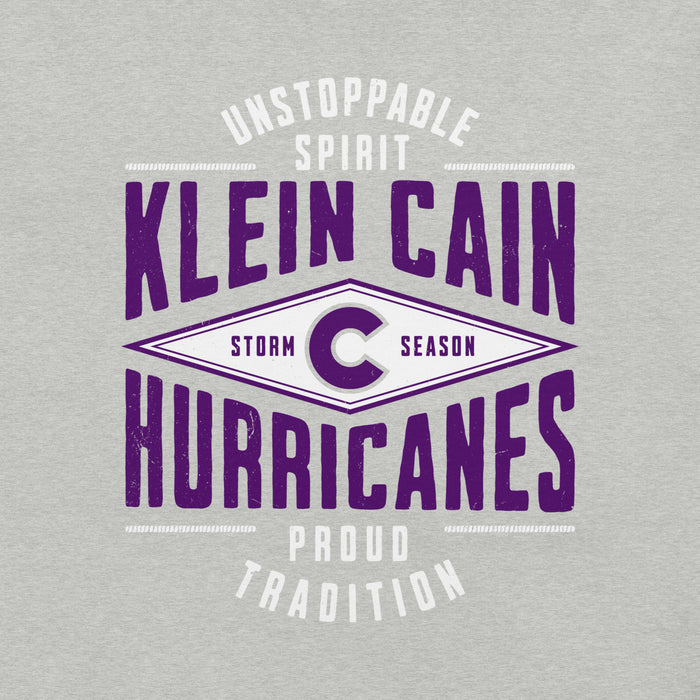 Close-up view of Klein Cain High School Hurricanes Heather Grey Premium Unisex T-shirt 210