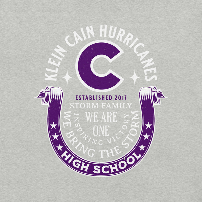 Close-up view of Klein Cain High School Hurricanes Heather Grey Premium Unisex T-shirt 229