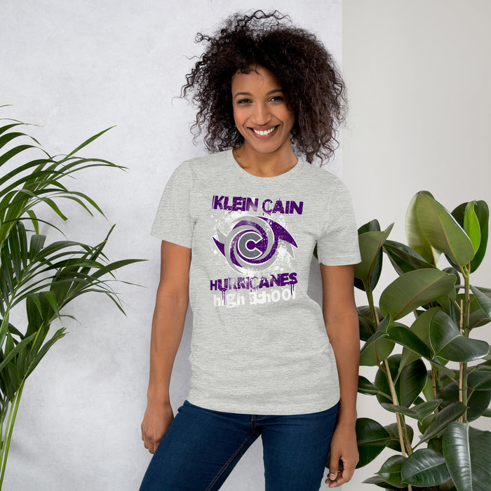 Woman wearing Klein Cain High School Hurricanes Heather Grey Premium Unisex T-shirt 205