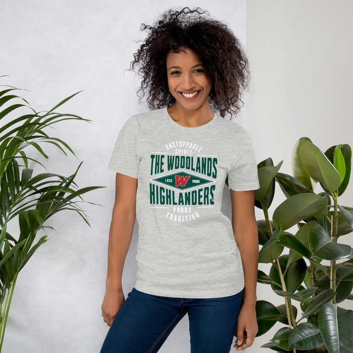 Woman wearing The Woodlands High School Highlanders Athletic Heather Premium Unisex T-shirt 210
