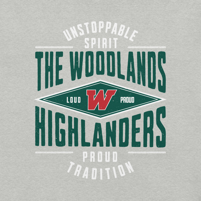 Close-up view of The Woodlands High School Highlanders Athletic Heather Premium Unisex T-shirt 210