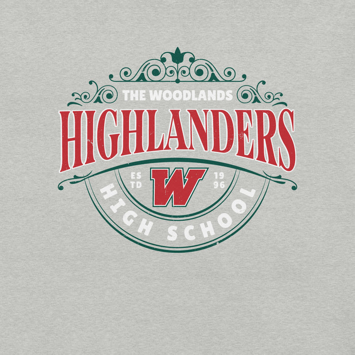 Close-up view of The Woodlands High School Highlanders Athletic Heather Premium Unisex T-shirt 211
