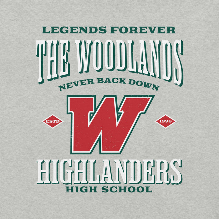 Close-up view of The Woodlands High School Highlanders Athletic Heather Premium Unisex T-shirt 230