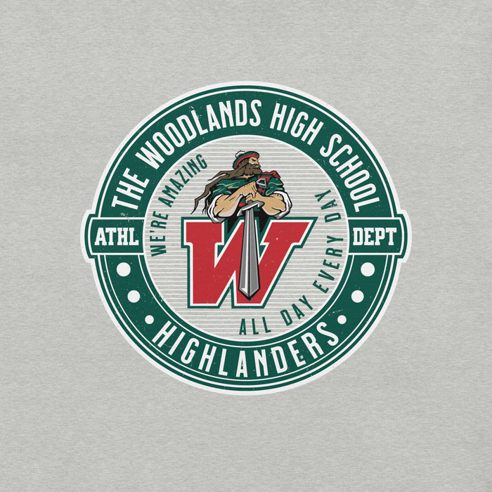 Close-up view of The Woodlands High School Highlanders Athletic Heather Premium Unisex T-shirt 224