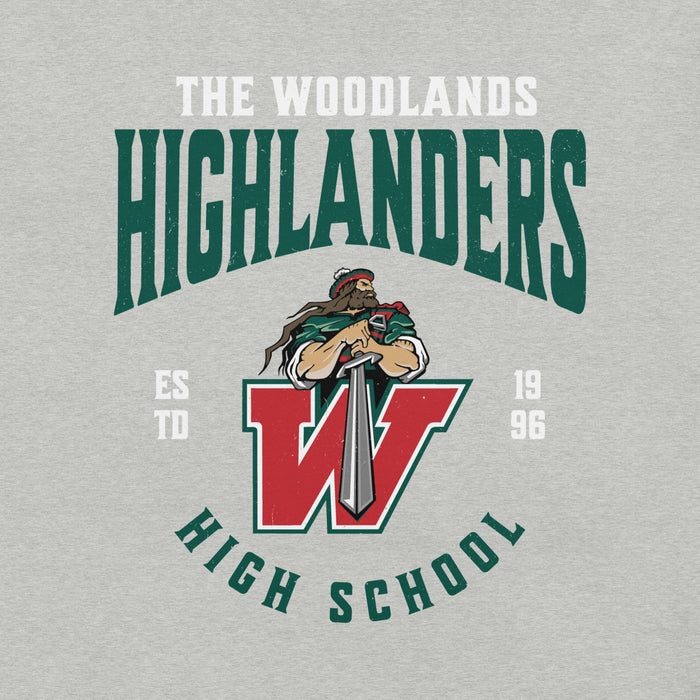Close-up view of The Woodlands High School Highlanders Athletic Heather Premium Unisex T-shirt 213