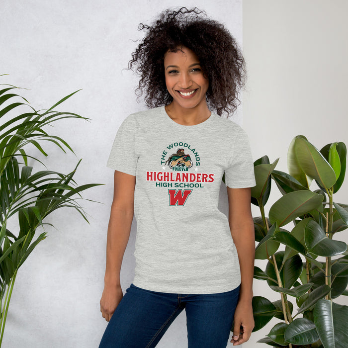 Woman wearing The Woodlands High School Highlanders Athletic Heather Premium Unisex T-shirt 222
