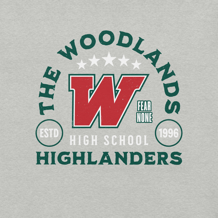 Close-up view of The Woodlands High School Highlanders Athletic Heather Premium Unisex T-shirt 208