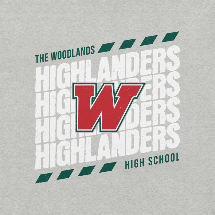 Close-up view of The Woodlands High School Highlanders Athletic Heather Premium Unisex T-shirt 223